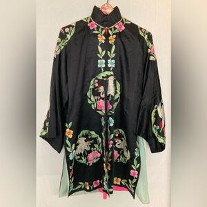 Vintage Embroidered Black Jacket with Floral and Crane Design *note